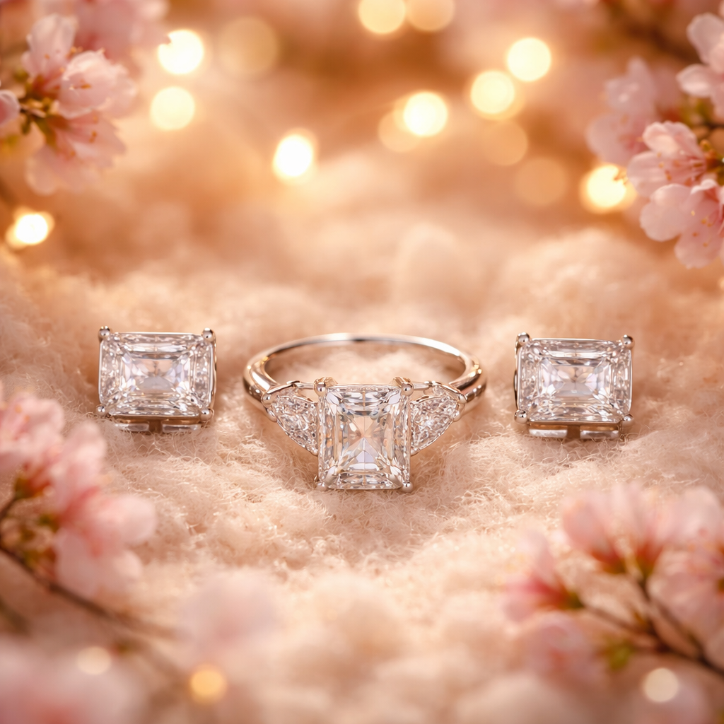 Moissanite Emerald Ring and Matching Emerald Earrings