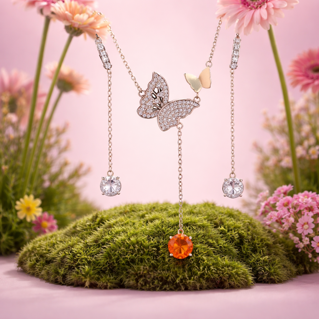Butterfly Moissanite necklace with dangling earrings