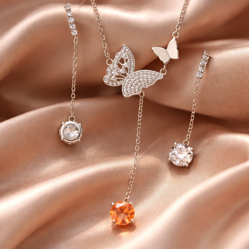 Moissanite earrings with amber necklace