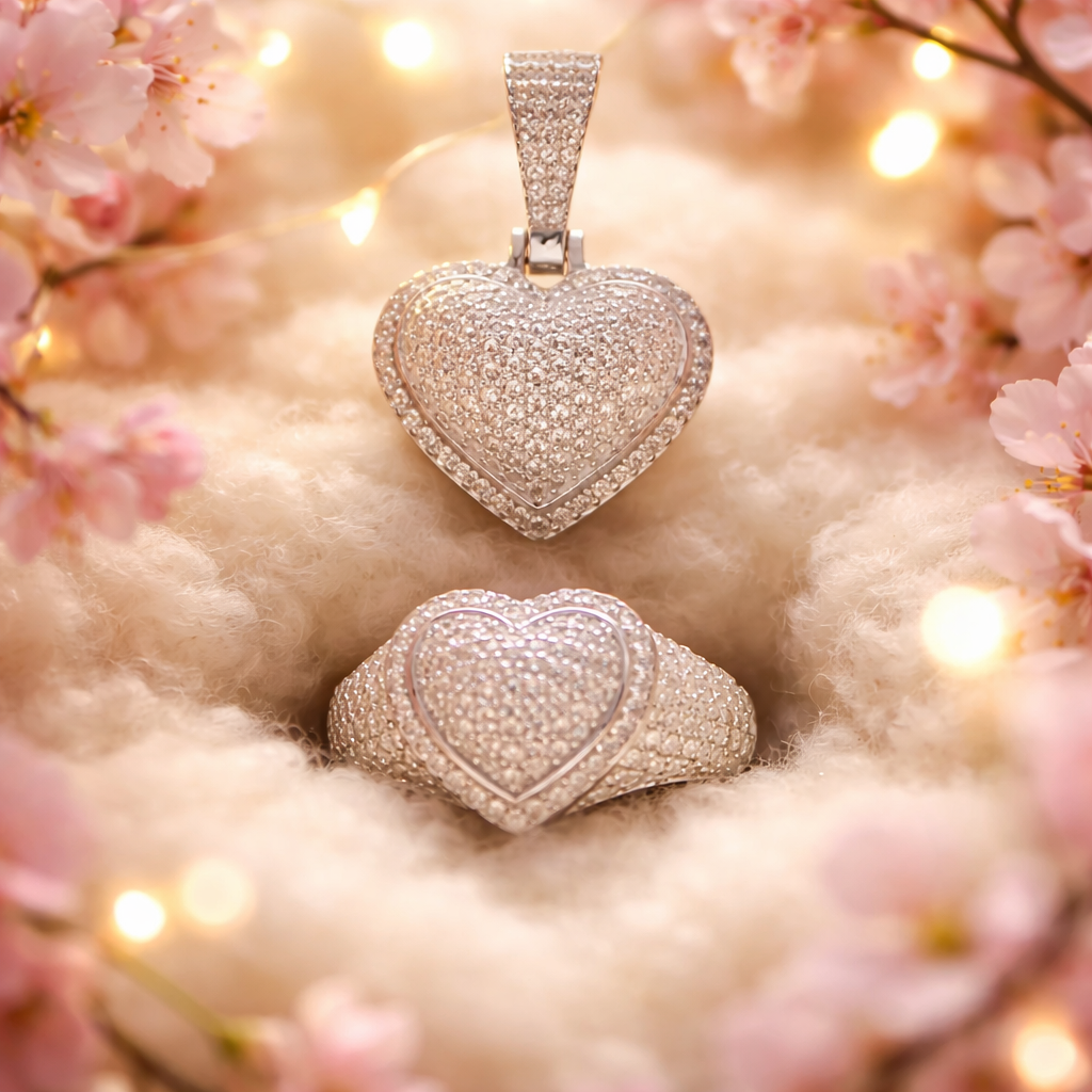 Moissanite covered Heart ring and matching pendant