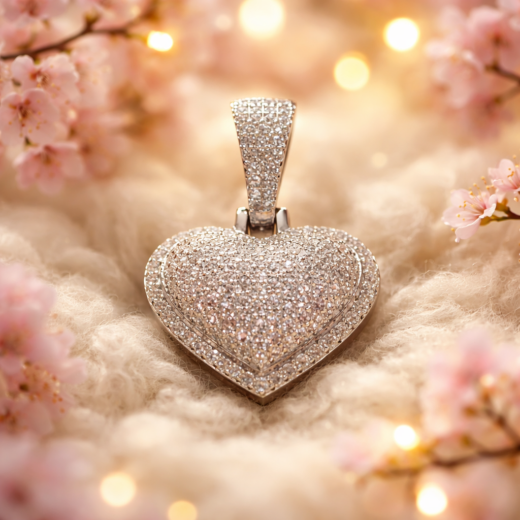 Moissanite covered Heart ring and matching pendant